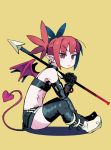  1girl bat_wings boots bracelet demon_girl demon_tail disgaea earrings elbow_gloves etna gloves highres jewelry pointy_ears polearm red_eyes redhead sitting skirt solo spear tail the_omoti thigh-highs thigh_boots twintails weapon wings 