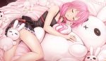  1girl :x black_dress button_eyes choker closed_eyes dress flower guilty_crown hair_tubes highres lying on_side open_mouth pillow pink pink_hair pouch rabbit revision sleeping solo stuffed_animal stuffed_bunny stuffed_toy sunimu twintails yuzuriha_inori 