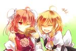  2girls blonde_hair blush braid bun_cover closed_eyes double_bun flower hair_bun ibaraki_kasen juliet_sleeves kirisame_marisa kutsuki_kai laughing long_sleeves multiple_girls no_hat one_eye_closed pink_rose puffy_sleeves red_eyes redhead rose single_braid tabard touhou upper_body 