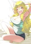  1girl ;d armpits bare_legs barefoot blonde_hair blush breasts cleavage drooling green_eyes hoshii_miki idolmaster indian_style kawaty large_breasts long_hair looking_at_viewer one_eye_closed open_mouth short_shorts shorts sitting smile solo tank_top wavy_mouth yawning 