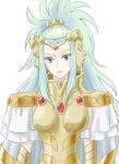  1girl armor blue_eyes blue_hair cape gauntlets gemini_integra long_hair ojo_riki open_mouth ponytail saint_seiya saint_seiya_omega simple_background solo white_background 