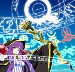  1girl ainz_ooal_gown_(cosplay) bangs blunt_bangs bondance012 bow cape commentary_request hair_bow highres long_hair looking_at_viewer magic_circle overlord_(maruyama) parody patchouli_knowledge purple_hair runes senki_zesshou_symphogear sidelocks solo staff style_parody touhou upper_body vector_trace violet_eyes 