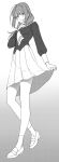  1girl :3 aconitea blush finger_to_mouth from_below gradient gradient_background greyscale halftone highres long_hair looking_at_viewer monochrome original school_uniform skirt skirt_lift 