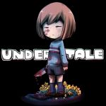  androgynous bangs black_background blood blood_on_face blood_splatter bloody_clothes bob_cut clenched_hand closed_eyes copyright_name expressionless frisk_(undertale) full_body highres holding holding_knife kitchen_knife knife long_sleeves r-ko_(rayla) shoes short_hair shorts simple_background socks solo standing swept_bangs undertale yellow_flower 