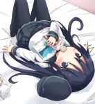  /\/\/\ 1girl akatsuki_(kantai_collection) anchor_symbol badge black_legwear blush commentary_request eating flat_cap hair_between_eyes hat hat_removed headwear_removed kakizaki kantai_collection long_hair looking_at_viewer lying magazine messy_hair neckerchief on_bed pantyhose purple_hair school_uniform serafuku skirt violet_eyes 