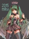  1girl 2015 absurdres bracelet character_name collar dated detached_sleeves green_eyes green_hair hand_on_hip hatsune_miku highres jewelry necktie open_mouth solo tattoo thigh-highs twintails vocaloid 