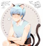  1boy animal_ears aqua_hair blush cat_ears cat_tail commentary cosplay ichigo_hitofuri kawasaki_frontale kawasaki_maruko kawasaki_maruko_(cosplay) male_focus mizuhara_aki multiple_tails short_hair simple_background sleeveless solo sweat tail touken_ranbu translation_request two_tails white_background 