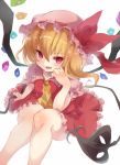  1girl ascot asymmetrical_wings blonde_hair collarbone dress fang flandre_scarlet from_above hair_between_eyes hat laevatein looking_at_viewer mob_cap open_mouth red_dress red_eyes side_ponytail sitting slit_pupils solo touhou wings yamaarashi 