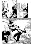  2girls absurdres ameyama_denshin broom comic doujinshi flashbang flying_kick gloves hat highres kicking kirisame_marisa mask monochrome multiple_girls scan table touhou translation_request witch_hat 