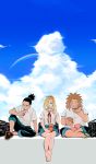  1girl 2boys akimichi_chouji aono_blue black_hair blonde_hair blue_eyes brown_hair contemporary drinking_straw food french_fries hamburger long_hair multiple_boys nara_shikamaru naruto naruto_shippuuden paper_cup ponytail rainbow school_uniform sky yamanaka_ino 