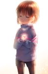  absurdres androgynous artist_name backlighting brown_hair closed_eyes frisk_(undertale) glowing hands_on_own_chest heart highres pantyhose sasucchi95 shorts solo striped striped_sweater sweater tagme undertale 