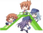  4girls :d ^_^ akatsuki_(kantai_collection) anchor_symbol black_legwear blue_eyes brown_eyes brown_hair closed_eyes closed_mouth commentary_request fang flat_cap folded_ponytail hair_ornament hairclip hat hibiki_(kantai_collection) ikazuchi_(kantai_collection) inazuma_(kantai_collection) kantai_collection kotanuki_329 long_sleeves lowres multiple_girls neckerchief open_mouth ponytail purple_hair sailor_collar sailor_dress silver_hair slide sliding smile younger 