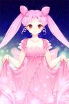  1girl bishoujo_senshi_sailor_moon blue_background bodice bow chibi_usa cowboy_shot crescent double_bun dress dress_lift facial_mark forehead_mark hair_ornament hairpin jewelry long_hair necklace older pink_bow pink_dress pink_hair red_eyes shainea small_lady_serenity smile solo twintails 
