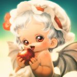  1girl apple bat_wings food fruit hat open_mouth red_eyes remilia_scarlet short_hair silver_hair souri touhou wings 