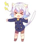  &gt;_&lt; androgynous animal_ears bell bell_collar cat_ears cat_tail chibi closed_eyes collar doll_joints fang hunter_x_hunter nefelpitou poooka short_hair silver_hair solo tail wavy_hair 