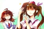  2girls ahoge brown_eyes brown_hair cellphone closed_eyes glasses hair_ribbon hat himekaidou_hatate kutsuki_kai long_hair multiple_girls open_mouth phone puffy_short_sleeves puffy_sleeves ribbon school_uniform serafuku short_sleeves smile tokin_hat touhou twintails usami_sumireko 