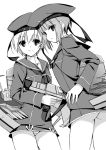  2girls ass bottomless clothes_writing commentary_request greyscale gun hat holding_gun holding_weapon kantai_collection kobayashi_chisato long_sleeves looking_at_viewer looking_back machinery military military_uniform monochrome multiple_girls panties pantyshot pantyshot_(standing) sailor_collar sailor_dress sailor_hat short_hair simple_background smile standing thighs turret underwear uniform weapon white_background z1_leberecht_maass_(kantai_collection) z3_max_schultz_(kantai_collection) 