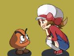  1girl 1other bow brown_eyes brown_hair creatures_(company) game_freak goomba hand_on_own_chin hand_on_own_knee hat hat_bow kotone_(pokemon) super_mario_bros. mushroom nintendo nintendo_ead open_mouth pokemon pokemon_(game) pokemon_hgss super_mario_bros. super_smash_bros. 