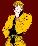  1boy artist_name blonde_hair demi_(02670430) dio_brando earrings hand_on_hip highres jewelry jojo_no_kimyou_na_bouken male_focus red_background red_eyes signature smile smug solo turtleneck upper_body 