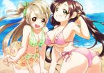  :d arched_back beach bent_over bikini blue_sky blush bow breasts brown_hair cleavage flower frilled_bikini frills green_bikini green_eyes grin hair_bow hand_on_own_knee large_breasts long_hair looking_at_viewer love_live!_school_idol_project midriff minami_kotori multiple_girls navel ocean open_mouth outdoors pink_bikini plaid plaid_bikini sand sarong see-through side-tie_bikini side_ponytail sideboob sky smile swimsuit toujou_nozomi twintails under_boob walrus-ruin water yellow_eyes 