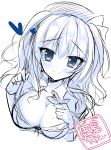  1girl blue_eyes bowtie bra breasts character_name cleavage hand_on_own_chest hat heart highres kantai_collection kashima_(kantai_collection) large_breasts long_hair looking_at_viewer monochrome nukomiya simple_background sketch smile solo sweat underwear undressing upper_body wavy_hair white_background 