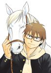  1boy anger_vein arakawa_hiromu biting brown_eyes brown_hair gin_no_saji glasses hachiken_yuugo hoodie horse mane reins white_horse 