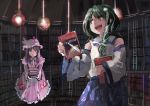  2girls book book_stack carrying coat detached_sleeves dress frog_hair_ornament green_eyes green_hair hair_ornament hat ichiba_youichi kochiya_sanae ladder library long_sleeves mob_cap multiple_girls open_clothes open_coat open_mouth patchouli_knowledge purple_dress purple_hair shirt skirt smile snake_hair_ornament striped striped_dress touhou violet_eyes wide_sleeves 