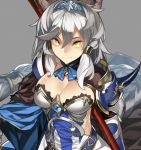  1girl 92m animal_ears breasts cleavage gauntlets granblue_fantasy grey_background grey_hair hairband heles long_hair looking_at_viewer polearm simple_background smile solo weapon yellow_eyes 
