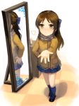  1girl blown_kiss bow brown_eyes brown_hair hair_bow idolmaster idolmaster_cinderella_girls long_hair mirror reflection sha_(isago) solo tachibana_arisu 