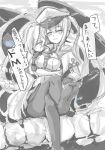  2girls akaikonomi blush breasts capelet commentary_request crossed_legs gloves graf_zeppelin_(kantai_collection) hand_on_another&#039;s_chest hat highres impossible_clothes jacket kantai_collection large_breasts long_hair looking_at_viewer miniskirt multiple_girls pantyhose peaked_cap shinkaisei-kan sitting sketch skirt smile submarine_hime torpedo translation_request twintails uniform very_long_hair 