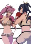  2girls bangs black_hair blood bow boxing boxing_angel boxing_gloves boxing_ring breasts bruise butt_crack catfight character_request cleavage fighting green_eyes hair_between_eyes hair_bow injury long_hair looking_at_another midriff miniskirt multiple_girls navel nosebleed parted_lips pink_hair ponytail red_eyes shorts skirt sportswear stomach sweat tobisawa twintails very_long_hair 