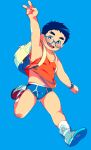  1boy :d arm_up backpack bag bandaid bandaid_on_knee blue_background blue_hair blush briefs glasses male_focus no_pants open_mouth original shoes simple_background smile sneakers solo tanaka_(tanakasunsun) tank_top underwear v watch watch 
