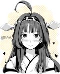  1girl ahoge blush character_name detached_sleeves hairband headgear heart kantai_collection kongou_(kantai_collection) long_hair looking_at_viewer monochrome portrait sokusekimaou solo spot_color star starry_background 