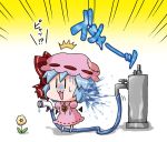  /\/\/\ 1girl :3 bat_wings blue_hair bow brooch chibi colored commentary detached_wings dress droplet faucet flower hat hat_bow hose jewelry mob_cap noai_nioshi patch red_bow remilia_scarlet short_hair solo splashing sweatdrop touhou translated turn_pale water wavy_mouth wet wings |_| 