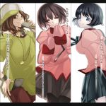  3girls absurdres black_eyes black_hair blue_eyes brown_eyes brown_hair catchphrase empty_eyes gaen_izuko hanekawa_tsubasa hat headphones headphones_around_neck highres jewelry long_hair miihon_(mi22) monogatari_(series) multiple_girls necklace necktie oshino_ougi pantyhose phone school_uniform shirt short_hair skirt sleeves_past_wrists smile t-shirt translated wristband 