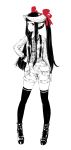  1girl animal_ears argyle argyle_necktie hand_on_hip high_heels horn_ribbon horns jaco long_hair monochrome necktie original ribbon shoes shorts sidelocks smile solo spot_color standing suspenders thigh-highs tie_clip twintails very_long_hair white_background 