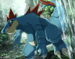  claws fangs feraligatr looking_at_viewer no_humans open_mouth outdoors pippi_(pixiv_1922055) pokemon pokemon_(creature) sharp_teeth standing tree water waterfall yellow_eyes 