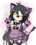  1girl animal_ears black_hair blush cat_ears cat_tail cheshire_cat_(cosplay) cheshire_cat_(monster_girl_encyclopedia) cosplay cyclops gazer_(monster_girl_encyclopedia) hair_ribbon long_hair monster_girl_encyclopedia one-eyed paws purple_legwear red_eyes ribbon solo tail thigh-highs very_long_hair white_skin 