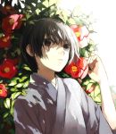  1boy axis_powers_hetalia black_eyes black_hair camellia_(flower) expressionless flower japan_(hetalia) japanese_clothes kimono male_focus shade solo uhouho14 upper_body 