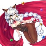 1girl animal_ears blush braid breasts brown_eyes brown_legwear bunny_tail cat_ears chan_co cleavage detached_collar erun_(granblue_fantasy) granblue_fantasy hair_tubes hairband heles high_heels kittysuit large_breasts leotard long_hair looking_at_viewer number pantyhose puffy_sleeves revision simple_background single_braid smile solo tail very_long_hair white_background white_hair 