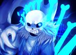  1boy bone dated gasterblaster glowing glowing_eye golzyblazey hoodie sans signature skeleton solo spoilers tagme undertale upper_body 