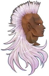  1boy bald brown_eyes chrysaor_krishna dark_skin long_hair mohawk noe_(bkmnoo) portrait saint_seiya simple_background solo white_background white_hair 