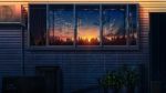 air_conditioner barrel box building cardboard_box clouds door electric_fan glass house night night_sky niko_p no_humans original plant pole potted_plant power_lines reflection scenery sky star_(sky) sun tree twilight utility_pole_(object) window 