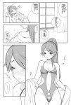  1girl blush bow casual_one-piece_swimsuit closed_eyes clothes_down comic embarrassed full-face_blush hair_bow highleg highleg_swimsuit houshou_(kantai_collection) kantai_collection looking_away monochrome navel navel_cutout o-ring_swimsuit off_shoulder one-piece_swimsuit ponytail robe sakiyo_cake side_cutout swimsuit translation_request wavy_mouth 