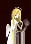  1girl angel angel_wings blonde_hair cooking cooking_pot cutting_hair cutting_own_hair food long_hair maroon_background no_lineart nona_drops noodles original pasta pun robe scissors simple_background solo steam surreal very_long_hair white_wings wings 
