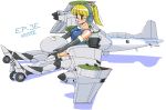  1girl airplane bare_shoulders blonde_hair character_name elbow_gloves fur_trim glasses gloves green_eyes headset kagami_mochi lockheed_ep-3 lockheed_p-3 long_hair mecha_musume military nanashi_(7th_exp) open_mouth original personification ponytail school_swimsuit shadow sitting smile solo swimsuit wheel 