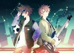  2boys adjusting_goggles ball blonde_hair brown_hair clothes_writing constellation contrapposto digimon digimon_adventure digimon_adventure_tri. dog_tags fang goggles guitar instrument ishida_yamato jacket jewelry looking_at_viewer multiple_boys musical_note necklace profile short_hair silhouette sky soccer_ball spiky_hair star_(sky) starry_sky xhouz yagami_taichi 