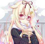  1girl alternate_costume bag bespectacled black_sweater blonde_hair blush dog_tail glasses gradient_hair hair_flaps hair_ornament hair_ribbon hairclip heart hug kantai_collection long_hair long_sleeves looking_at_viewer messy_hair multicolored_hair natsu_(anta_tte_hitoha) object_hug red-framed_glasses red_eyes remodel_(kantai_collection) ribbon scarf semi-rimless_glasses sleeves_past_wrists smile solo steam straight_hair sweater tail tail_wagging under-rim_glasses white_scarf yuudachi_(kantai_collection) 