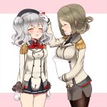  2girls breasts brown_hair closed_eyes commentary_request folded_ponytail glasses gloves hand_on_another&#039;s_head hat highres kantai_collection kashima_(kantai_collection) katori_(kantai_collection) kobone large_breasts long_hair military military_uniform miniskirt multiple_girls pantyhose papers siblings silver_hair skirt smile twintails uniform 