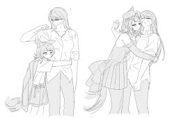  2girls animal_ears arknights bang_dream! bang_dream!_it&#039;s_mygo!!!!! blush closed_mouth detached_sleeves dress greyscale hair_between_eyes hat highres hug jacket jacket_on_shoulders long_hair medium_hair mole mole_under_eye monochrome multiple_girls one_eye_closed shiina_taki short_sleeves shorts ss0161765067092 sweatdrop tail tail_wagging time_paradox wolf_ears wolf_girl wolf_tail yahata_umiri yahata_umiri_(moonlight_executioner) yuri 
